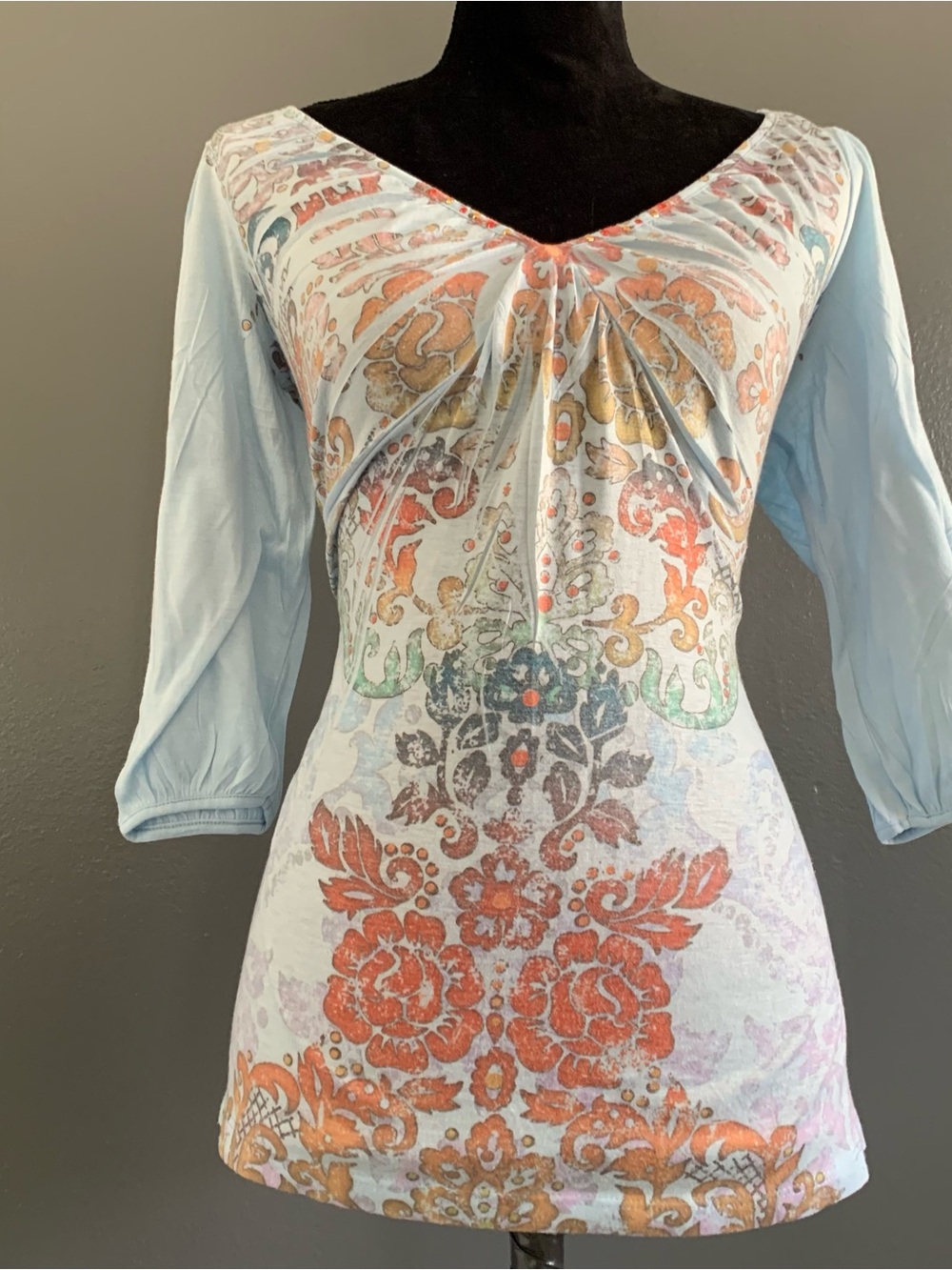 Apt. 9 Light Blue Floral Print V-Neck Blouse